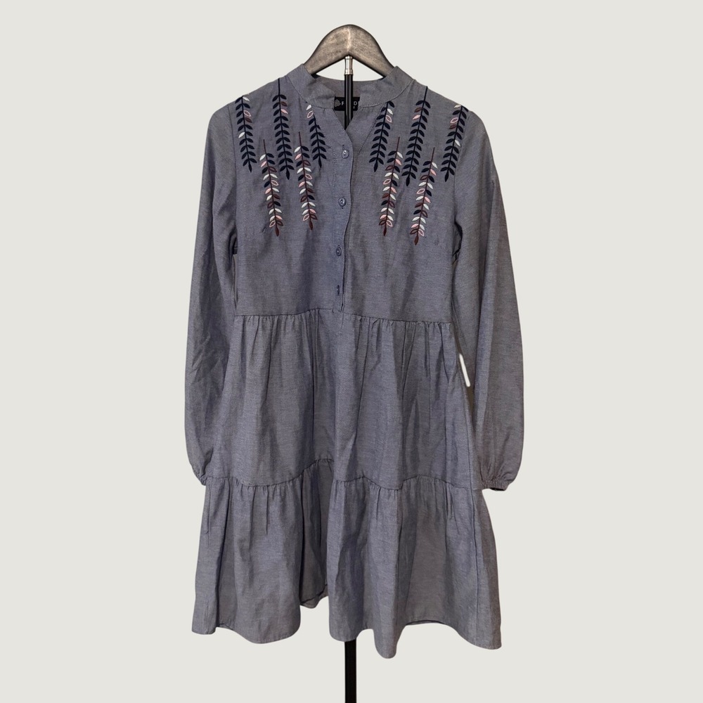 Fendel‎ Blue Chambray Embroidered Tiered Babydoll Dress Womens 38  100% Cotton